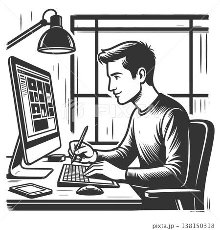 Young Man Working Computer Digital Design vector 138150318