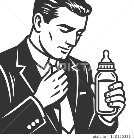 Businessman Holding Baby Bottle Work Life Conflict 138150331