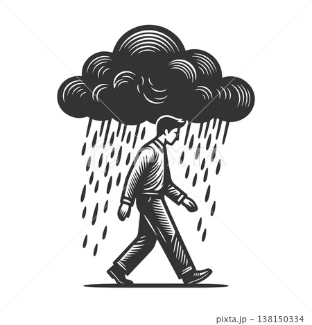 Man Walking Under Rain Cloud Feeling Depressed 138150334