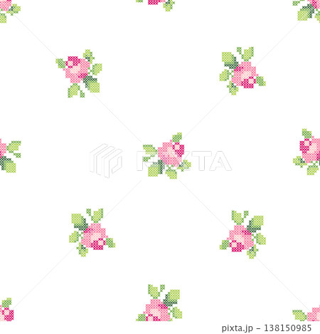 Seamless Cross Stitch Floral Pattern with Small Pink Roses, Vintage Cottagecore Embroidery Background Vector 138150985