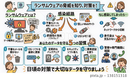 ランサムウェア対策をわかりやすく解説するグラレコ風イラスト｜サイバー攻撃・情報セキュリティ啓発イメー 138151318