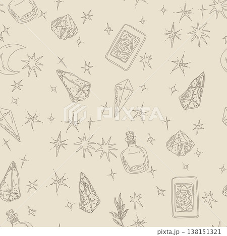 Mystical seamless pattern featuring crystals, tarot cards, magic potions, crescent moon, and sparkling stars for occult, witchcraft, astrology, and spiritual designs 138151321