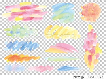 フリーハンドのカラフルな水彩絵の具のパーツ13点セット 138151474