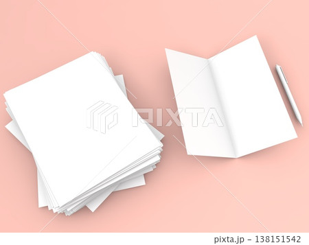 Blank sheets and open notebook with pen on soft pink background ready for writing or drawing activities Blank sheets and open notebook with pen on soft pink background ready for writing or drawing activities 138151542