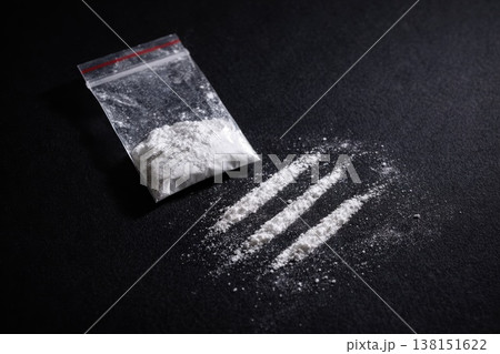 White powder substance in plastic bag with lines on dark background 138151622