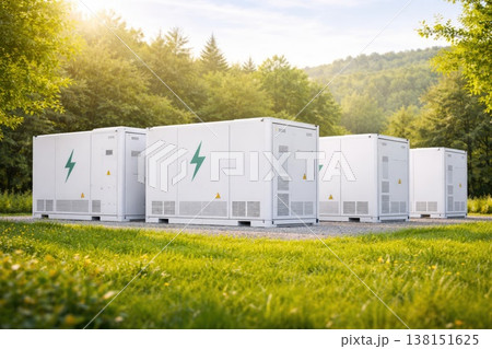 Large battery energy storage units in green natural environment Large battery energy storage units in green natural environment 138151625
