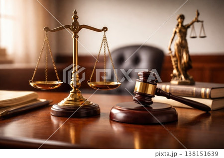 Golden scales of justice and judge gavel on wooden desk in courtroom interior Golden scales of justice and judge gavel on wooden desk in courtroom interior 138151639