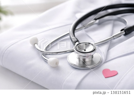 Stethoscope on white medical uniform healthcare and insurance concept close up 138151651