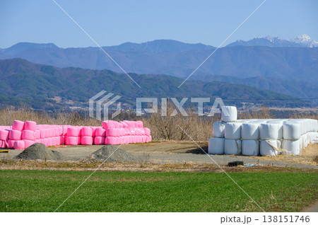 ピンク色と白色の牧草ロール【長野県】 ピンク色と白色の牧草ロール【長野県】 138151746