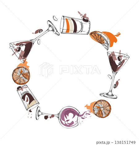 Circular wreath of espresso martini, creamy coffee and chocolate, dark beer and orange cocktails. Hand drawn ink vector for cafe labels, recipe seals, packaging badges, autumn branding and bar tags. 138151749