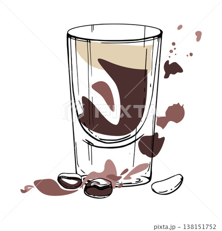 Coffee beans, chocolate, cream caramel or stout beer shot, dark espresso base and froth top, vector ink outline. Isolated illustration hand drawn for bar icons, Irish drink menu, modern cafe branding. 138151752