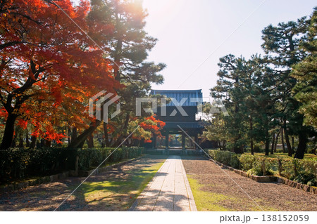 Kenninji Sanmon Triple Gate with autumn garden at sunset, Kyoto 138152059