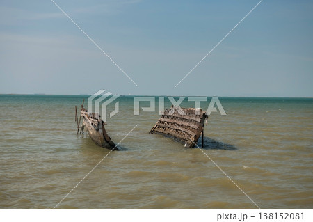 Wreck wooden fishing boat affected from storm, Chonburi Wreck wooden fishing boat affected from storm, Chonburi 138152081