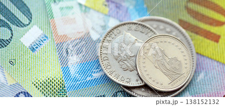 Currency of Switzerland. Banknotes and Swiss franc coins on them. Financial topics in Swiss banking concept. 138152132