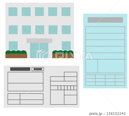交通反則金の納付手続きをイメージした青切符と納付書と建物のイラストセット 138152241