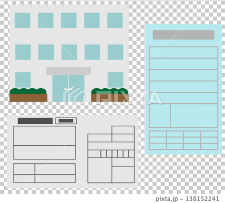 交通反則金の納付手続きをイメージした青切符と納付書と建物のイラストセット 138152241