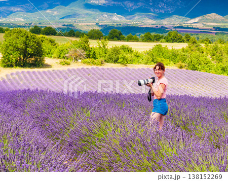 Woman take photo on lavender field, Provence France 138152269