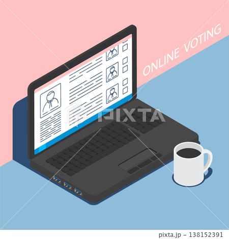 Isometric laptop with an open online voting site with detailed candidate data in the election race. Cartoon 3D vector on blue background Isometric laptop with an open online voting site with detailed candidate data in the election race. Cartoon 3D vector on blue background 138152391