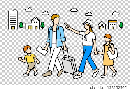 一幅描繪四人享受家庭旅行的插圖。 138152565