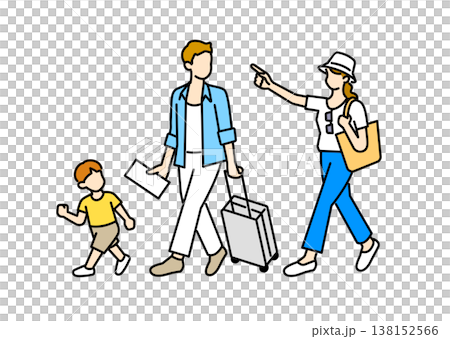 旅行に出発する親子3人のイラスト 138152566