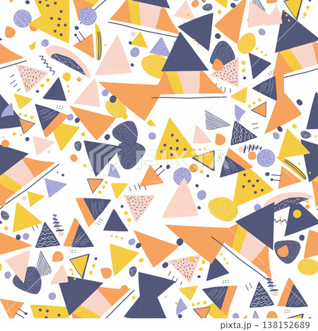 Abstract playful seamless pattern with scattered geometric shapes, triangles, dots, lines, and textures creating a modern graphic background for design and decor Abstract playful seamless pattern with scattered geometric shapes, triangles, dots, lines, and textures creating a modern graphic background for design and decor 138152689