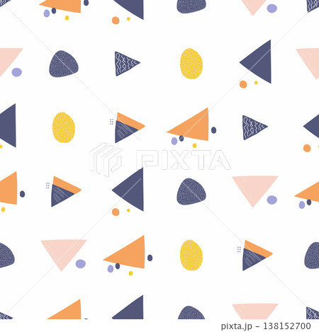 Abstract pattern presenting a cheerful background with diverse geometric elements, including irregular shapes, triangles, and dots, composed in a lively and contemporary design 138152700