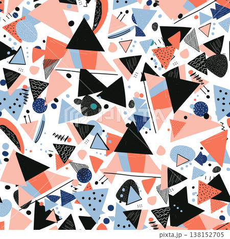 Abstract seamless 80s inspired pattern of hand drawn triangles, circles and irregular shapes in pastel hues with textured dots and lines for playful, modern surface design 138152705