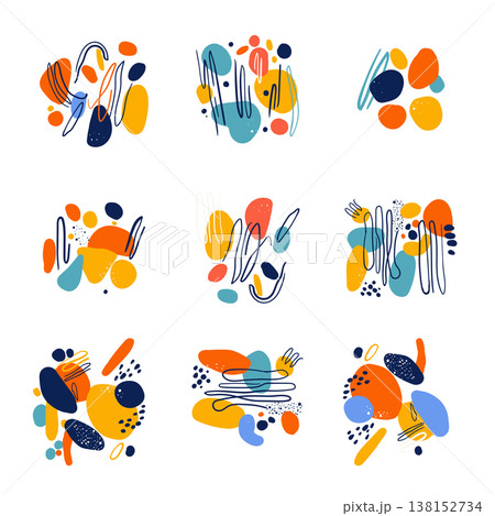 Abstract collection creating dynamic modern designs with flowing liquid shapes and scattered hand drawn lines, forming decorative patterns for creative backgrounds 138152734