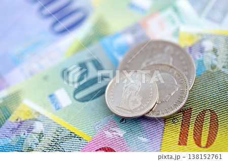 Currency of Switzerland. Banknotes and Swiss franc coins on them. Financial topics in Swiss banking concept. 138152761