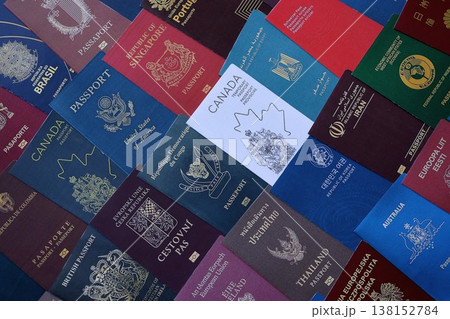 Big amount of passports of various different countries. Covers of expired passports close up. Travel documents for tourism 138152784