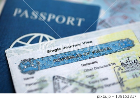 Detail of Kenya visa applied on passport. Kenya visa header in passport page close up 138152817