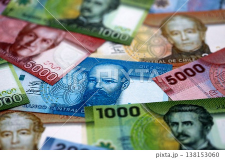 Big amount of chilean pesos money bills banknotes. Huge quantity of paper money from Chile country close up. Concept of business and economy in Chile 138153060