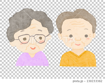 白バックにおじいさんとおばあさんがニッコリ笑った笑顔のイラスト 138153382