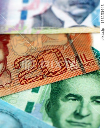 Costa Rican old and new colon money bills pile on table. Costa Rica banknotes of CRC currency close up. Concept of business, economy and banking in Costa Rica Costa Rican old and new colon money bills pile on table. Costa Rica banknotes of CRC currency close up. Concept of business, economy and banking in Costa Rica 138153448