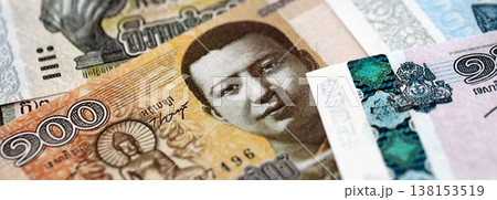 Cambodian riel money bills pile on table. Cambodia banknotes of KHR currency close up. Concept of business, economy and banking in Cambodia 138153519