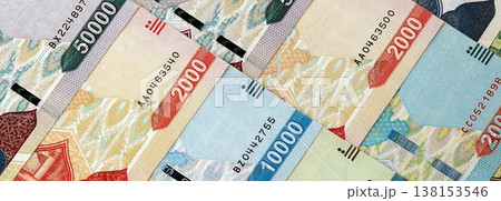 Uzbek som money bills pile on table. Uzbekistan banknotes of UZN currency close up. Concept of business, economy and banking in Uzbekistan 138153546