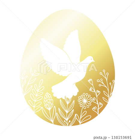 Golden Easter egg with a floral pattern and a white dove of peace 138153691