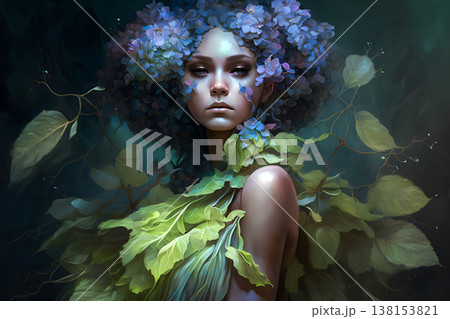 Beautiful fantasy flower nymph. Floral woman. Neural network AI generated art 138153821