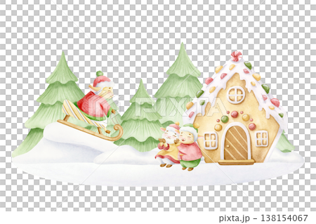 Cartoon sheep family sledding down on snow slide near gingerbread house and fir forest watercolor isolated illustration. Cute lambs and goats in winter clothes clap hands at snowdrift hill scene Cartoon sheep family sledding down on snow slide near gingerbread house and fir forest watercolor isolated illustration. Cute lambs and goats in winter clothes clap hands at snowdrift hill scene 138154067