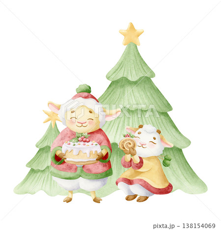 Sweet animal family with desserts at Christmas trees watercolor cartoon illustration. Happy mother lamb and baby girl goat in winter clothes holiday clip art. Adorable smiling hand drawn characters 138154069