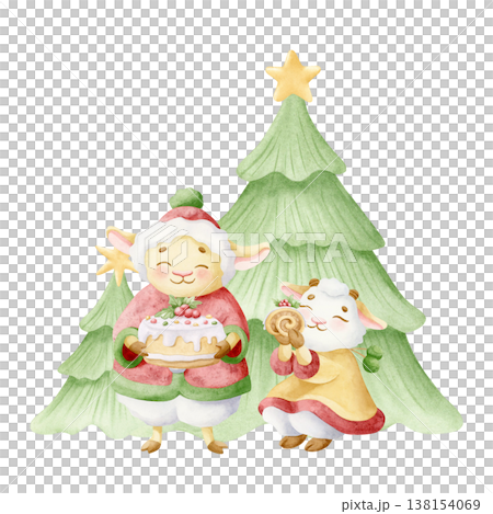 Sweet animal family with desserts at Christmas trees watercolor cartoon illustration. Happy mother lamb and baby girl goat in winter clothes holiday clip art. Adorable smiling hand drawn characters Sweet animal family with desserts at Christmas trees watercolor cartoon illustration. Happy mother lamb and baby girl goat in winter clothes holiday clip art. Adorable smiling hand drawn characters 138154069