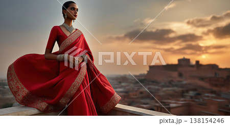 Dramatic scene with Indian woman draped in red watching sunset from high vantage point 138154246