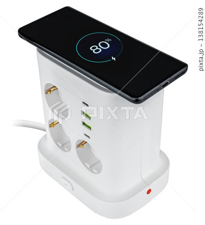 Practical white power strip for connecting appliances and gadgets, wireless charging Practical white power strip for connecting appliances and gadgets, wireless charging 138154289