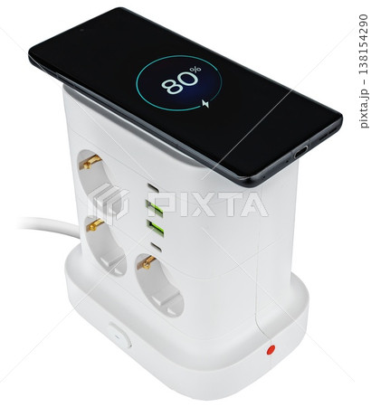 White extension lead with wireless charging and multiple sockets, wireless charging White extension lead with wireless charging and multiple sockets, wireless charging 138154290