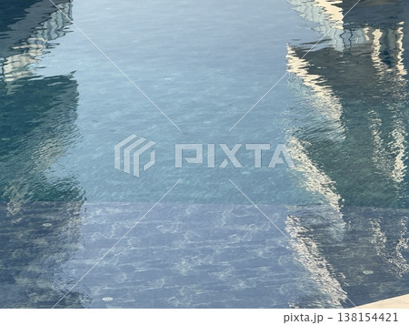Reflection of buildings in a serene swimming pool creating a calm and tranquil background 138154421