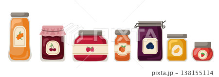 Vector set of various berry jams. Collection of clip art of jars with sweet syrup in a flat style Vector set of various berry jams. Collection of clip art of jars with sweet syrup in a flat style 138155114