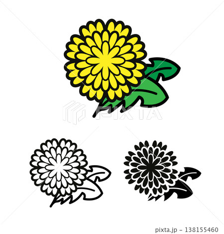 Yellow Dandelion Flower Vector Icon Set with Outline and Silhouette 138155460
