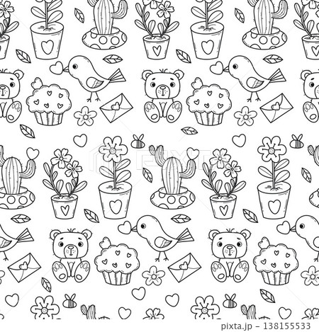 Romantic Love Seamless Doodle Pattern. Black Line Art Potted Flowers, Cactus, Bears, Bird, Cupcake and Letter on White Background. Vector Hand Drawn Illustration. Valentine Day Holiday Template 138155533