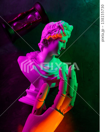 Classical statue with neon lighting and hourglass for time passage and modern art concept Classical statue with neon lighting and hourglass for time passage and modern art concept 138155730