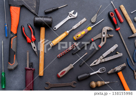 Different set hand tools top view hammers screwdrivers pliers, wrenches and clamps. DIY repair background 138155998